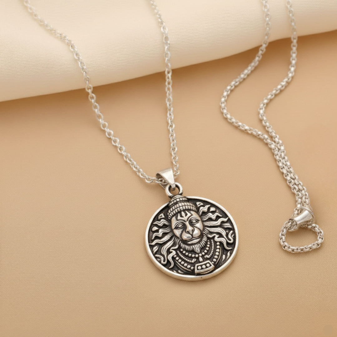 Premium Silver Hanuman Pendant With Chain - Sacred Shakti Collection (Pack of 4)