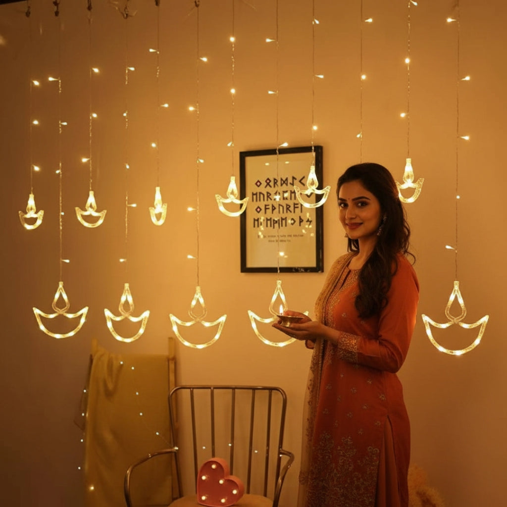 Hanging LED Diya Warm Diwali Light Curtain